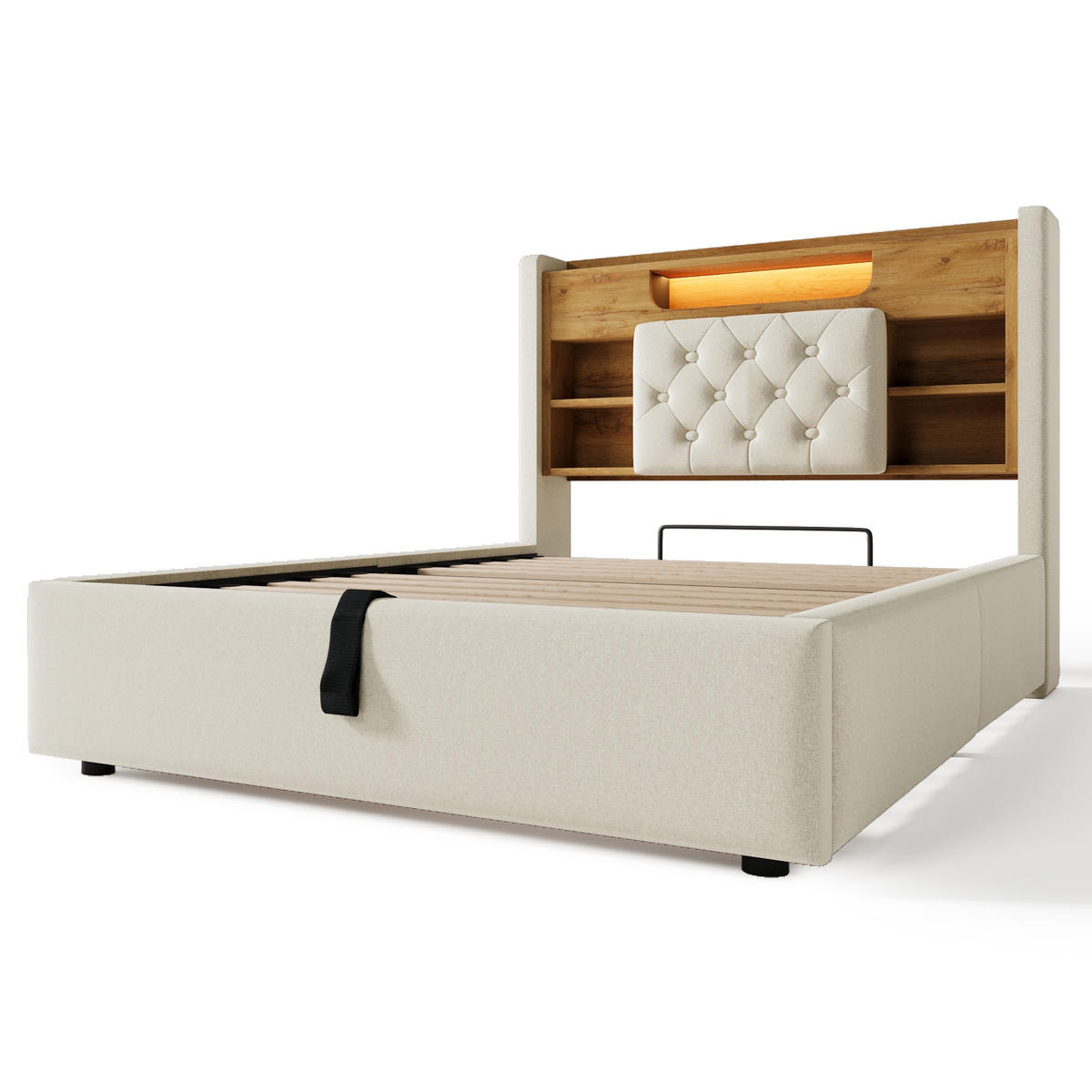 POLSTERBETT 90/200 cm Beige mit LED-Beleuchtung und Stauraum-Kopfteil - Beige, Textil (90/200cm) - Oxeza