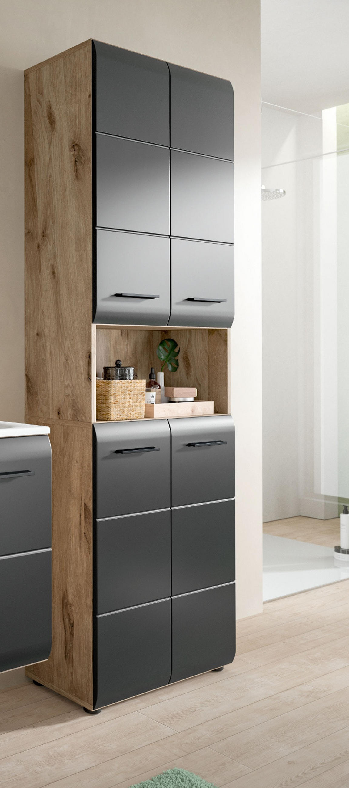 HOCHSCHRANK schwarz matt, Eiche, Badschrank 4-türig, 60 x 185 cm - Eichefarben/Schwarz, Holzwerkstoff/Kunststoff (60/185/30cm) - Inn.Furn