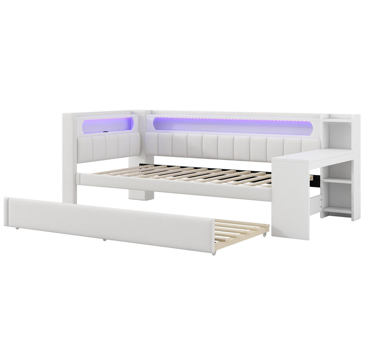 POLSTERBETT 90/200 cm Weiß aus MDF, Sperrholz und Leinen mit Ausziehbett - Weiß, Holzwerkstoff (90/200cm) - OKMYHOME