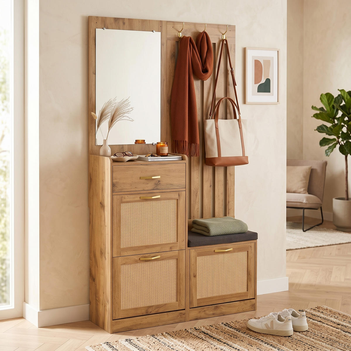 GARDEROBE 100cm Natur & Rattanoptik mit Schuhkipper, Spiegel & Sitzbank - Naturfarben, Holzwerkstoff (99.5/180/26cm) - Urban Meuble