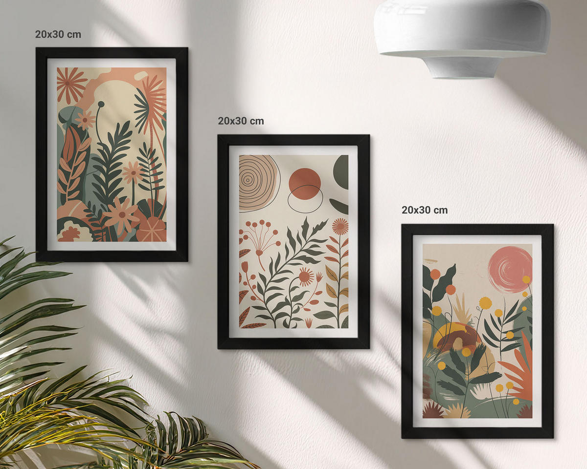 WANDBILDER 3er-Set - 20x30 cm Schwarzer Rahmen - Vintage-Pflanzenmuster in Pastellfarben - Schwarz, Kunststoff (20/30cm) - ArtPrintCave