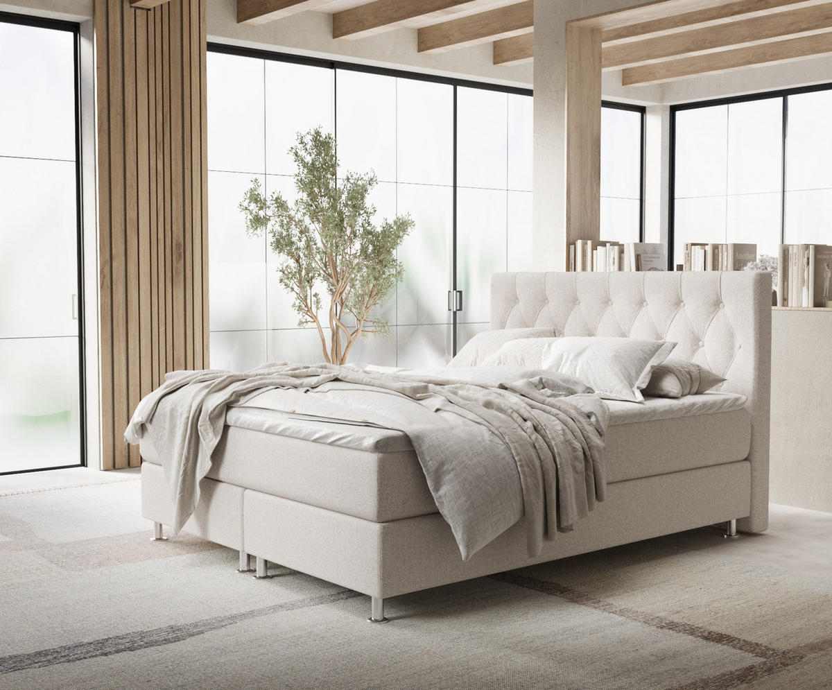 BOXSPRINGBETT Excelsior Hellbeige 200/200 cm mit Latex-Topper - Beige/Silberfarben, Holz/Holzwerkstoff (200/200cm) - Maison de Reve