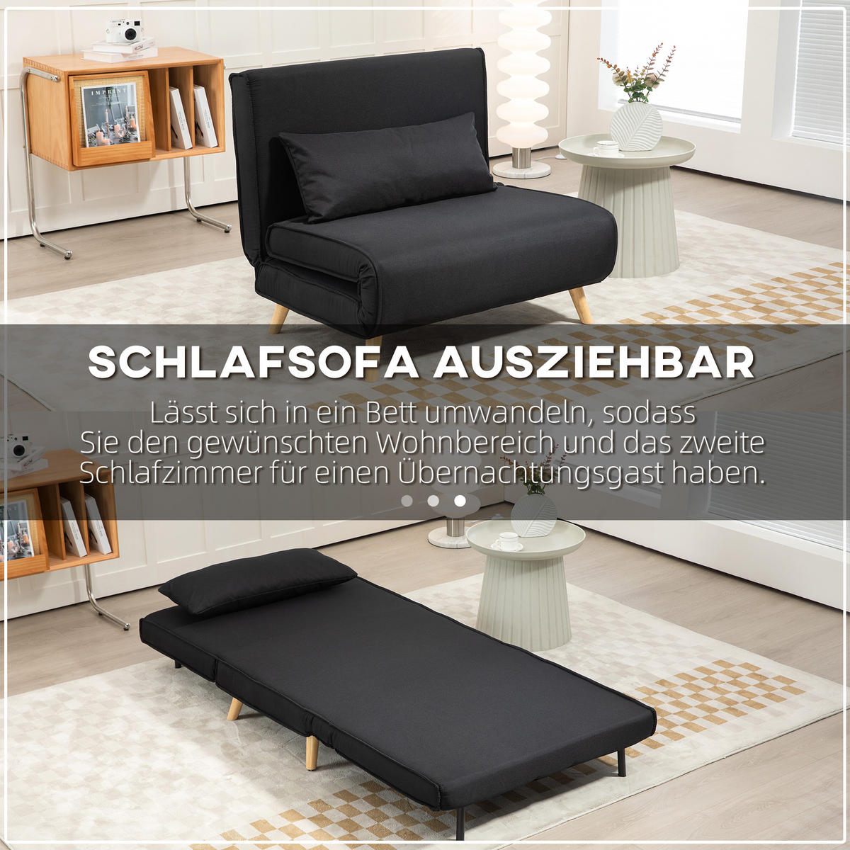 SCHLAFSESSEL, 2-in-1 Schlafsofa mit Bettfunktion, Zierkissen bis 350 kg Schwarz - Schwarz/Naturfarben, Holz/Textil (78/80/94cm) - HOMCOM