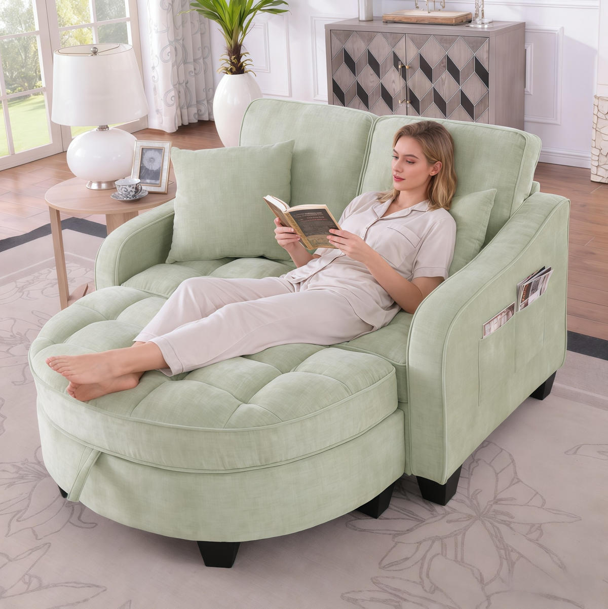 SCHLAFSOFA 132/129/93 cm aus Eukalyptusholz mit Aufbewahrungshocker Cyan - Türkis, Holz (129/93/132cm) - Modenvie