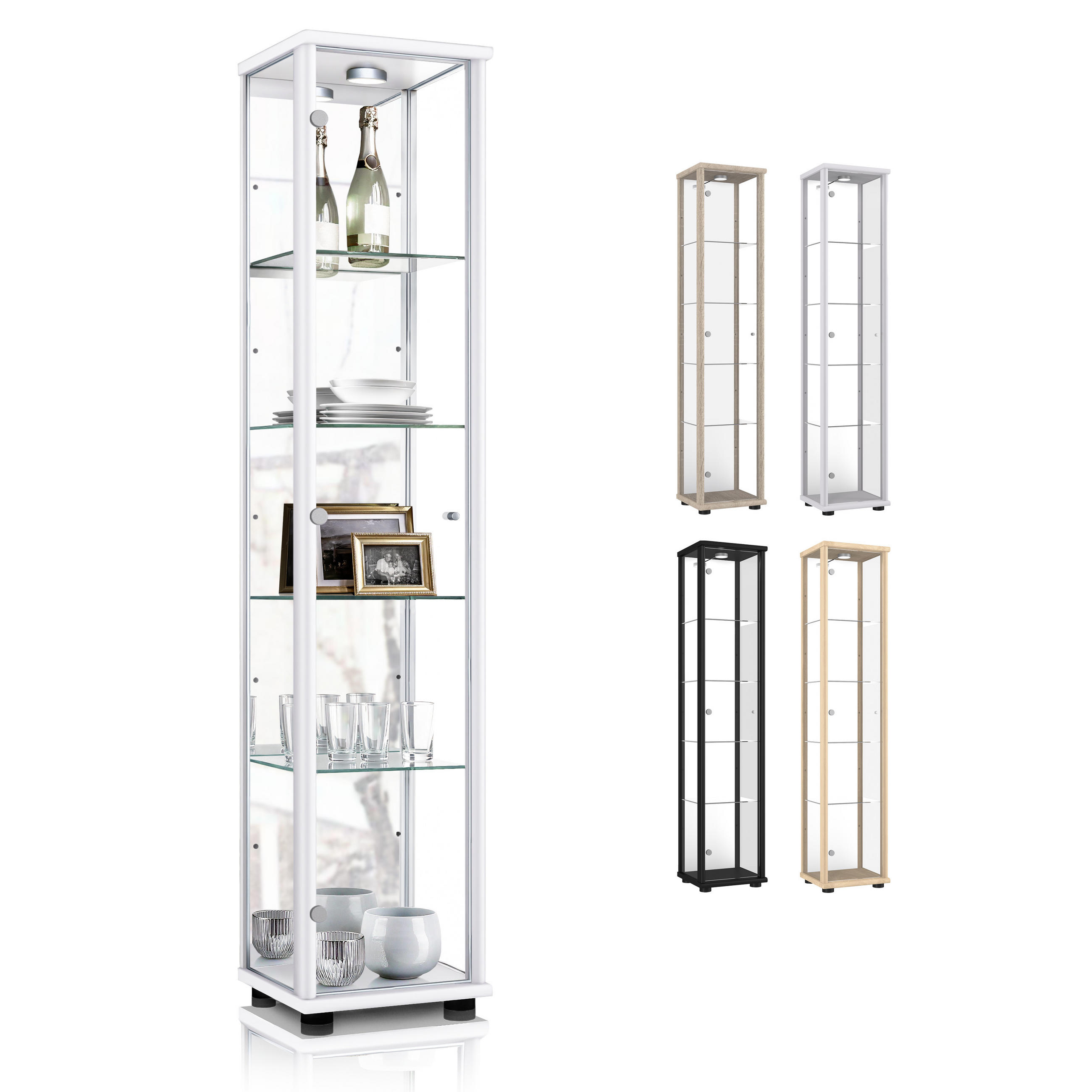 GLASVITRINE 33/37/176 cm mit Spiegel, LED & 4 höhenverstellbaren Glasböden - Transparent/Silberfarben, Glas/Holzwerkstoff (37/176/33cm) - K-Möbel