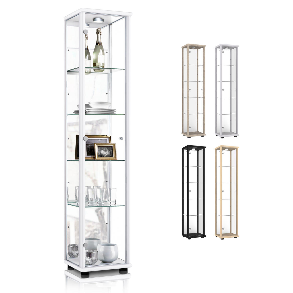 GLASVITRINE 33/37/176 cm mit Spiegel, LED & 4 höhenverstellbaren Glasböden - Transparent/Silberfarben, Glas/Holzwerkstoff (37/176/33cm) - K-Möbel