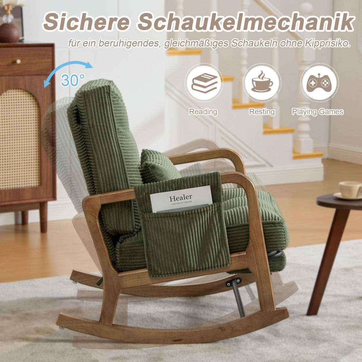 SCHAUKELSTUHL Grün Cord mit Fußstütze, Seitentaschen und verstellbarer Lehne - Grün, Textil (80/92/70cm) - Oxeza