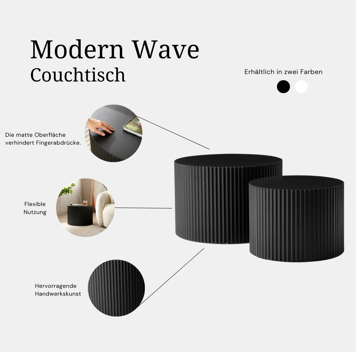 COUCHTISCH 2er-Set 60/40 und 48/35 cm in Schwarz, platzsparend und modern - Schwarz, Holzwerkstoff (60/60/40cm) - Flora Grace