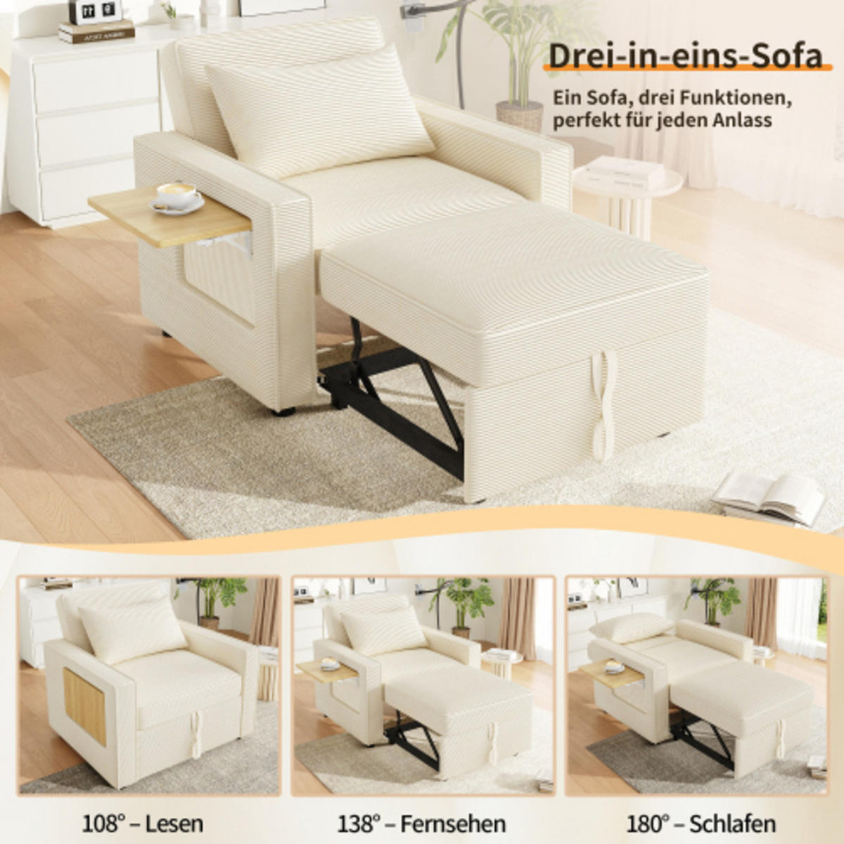 SCHLAFSOFA 93x150x85 cm aus Cord Multifunktionales faltbares, beige - Beige, Textil (150/85/93cm) - Luhomfu