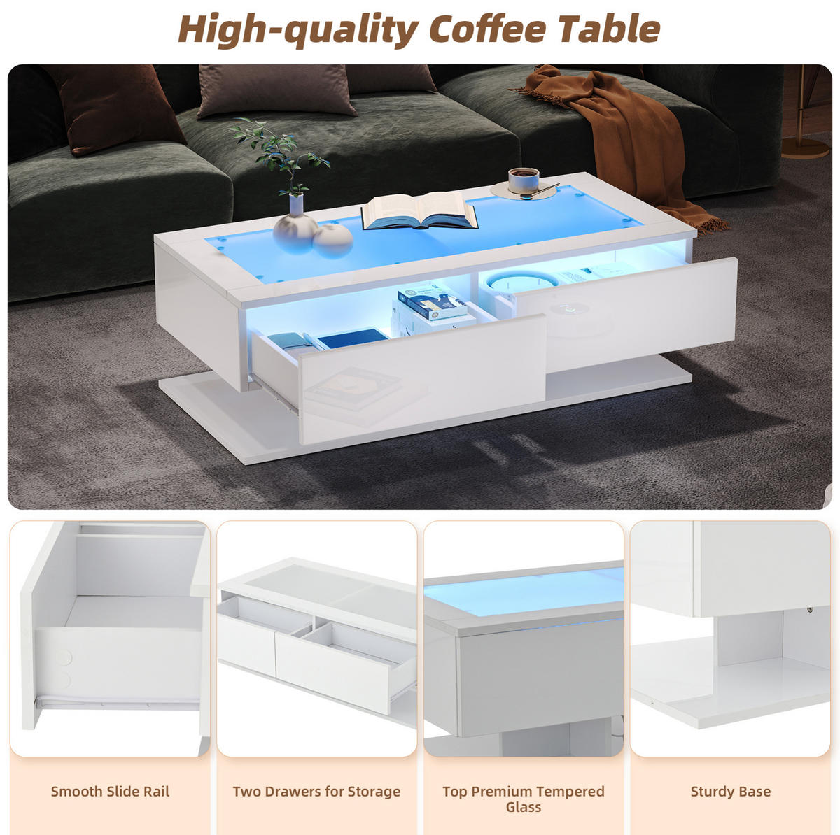 COUCHTISCH 100/50/35 cm Weiß aus Spanplatte und Glas mit LED-Licht und 2 Schubladen - Weiß, Holzwerkstoff (100/50/35cm) - OKMYHOME