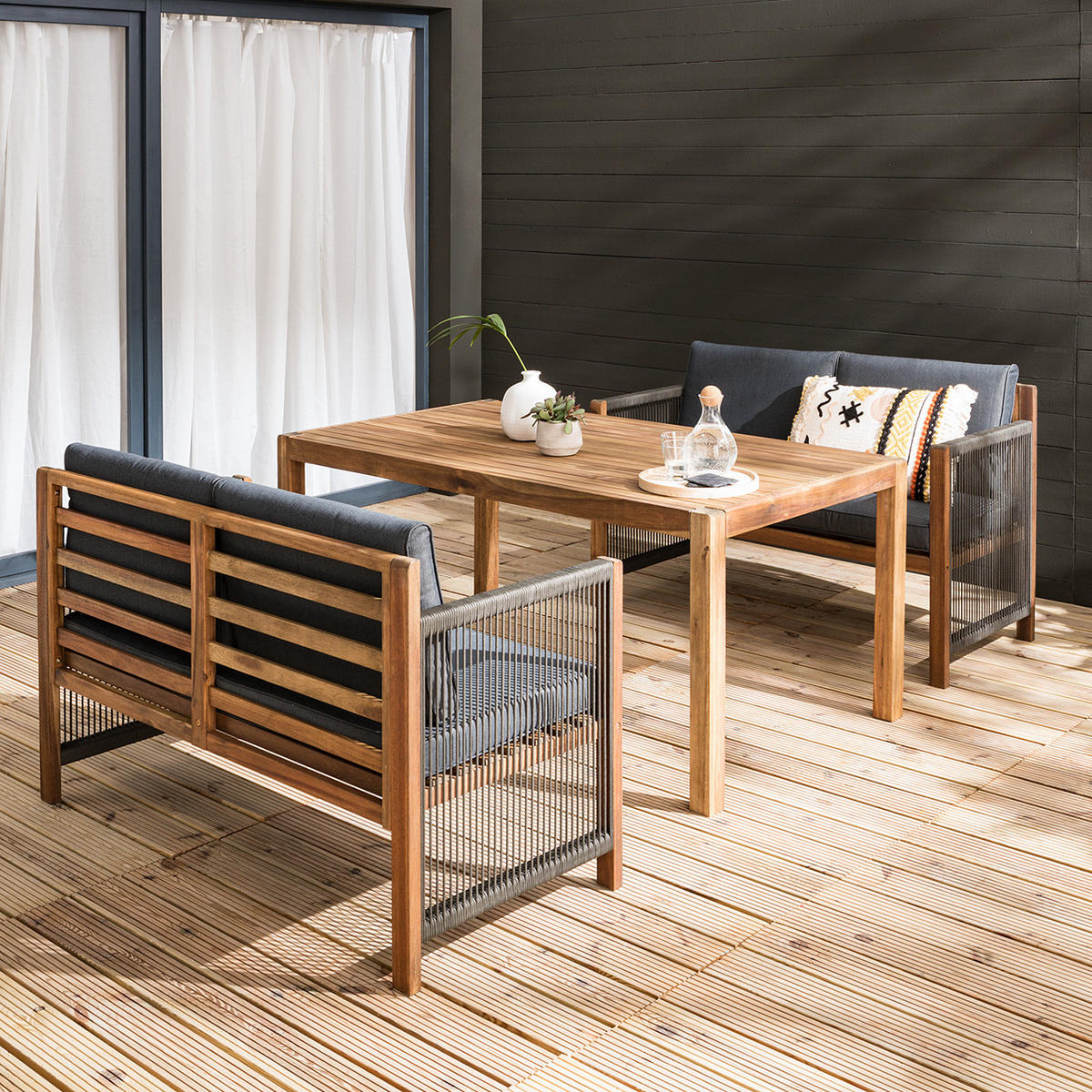 DINING-LOUNGESET - Akazie massiv / Polyester - Braun / Grau - 3-teilig - Braun/Grau, Holz/Textil - home24