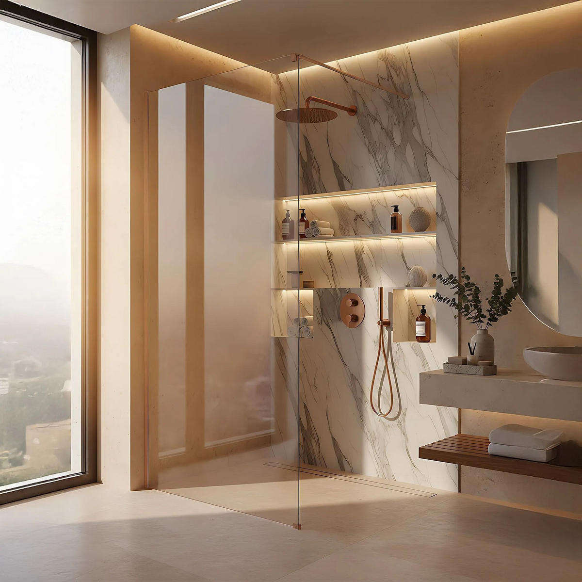 DUSCHWAND Rea Flexi Transparent / Brush Copper 110 - Kupferfarben, Glas (120/110/195cm) - REA