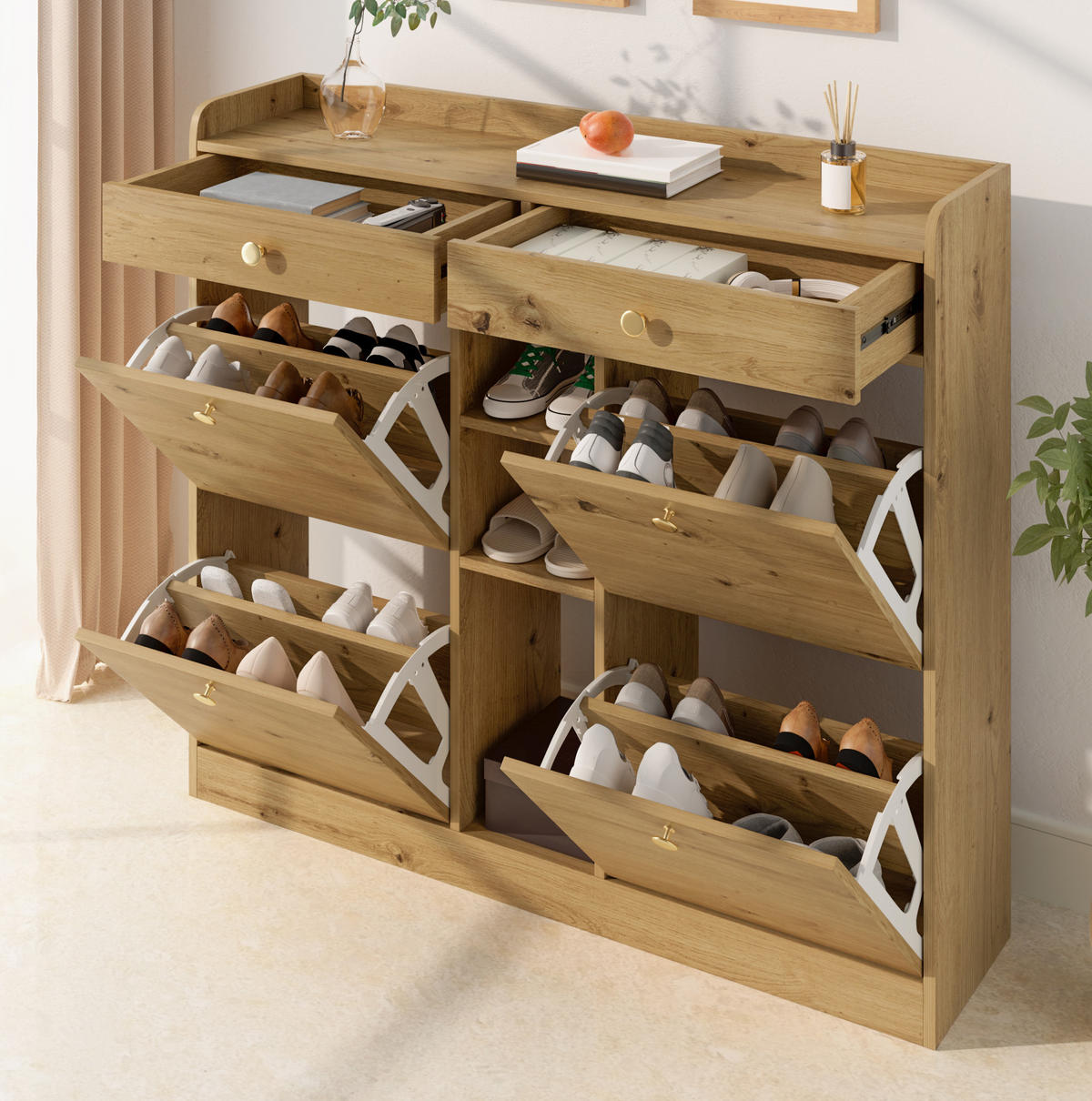 SCHUHSCHRANK 110/26/100 cm mit 4 Klappen und 2 Schubladen in Natur - Naturfarben, Holzwerkstoff (110/100/26cm) - BEAOK