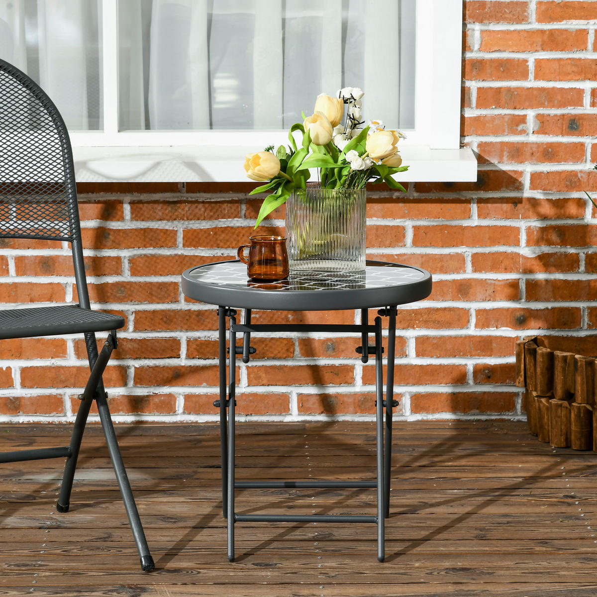 GARTENTISCH DE-07308 klappbar, rund mit Sicherheitsglas Schwarz - Schwarz, Glas/Metall (45/45/50cm) - ComfortXL