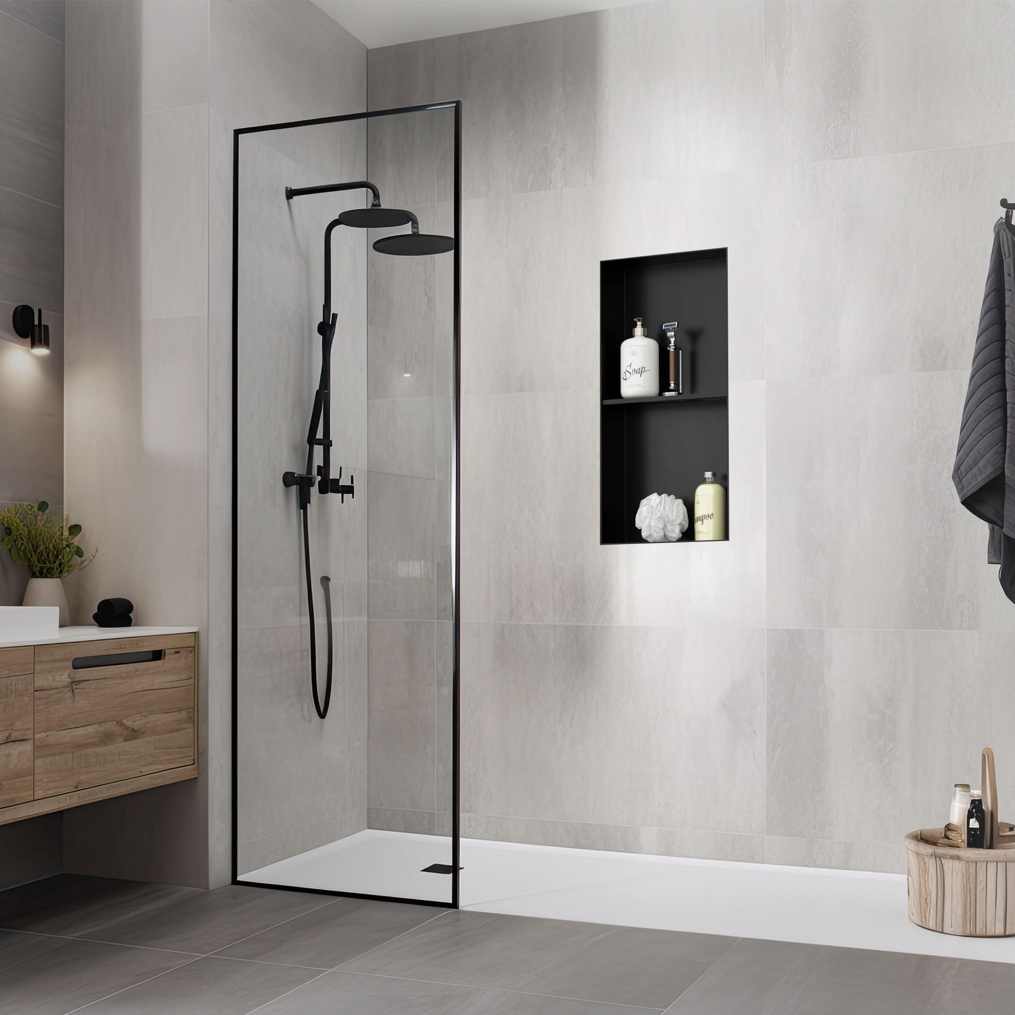 Thumbnail - LuxeBath Duschnische, Schwarz, Metall, 64x10x34 cm, Badezimmer, Baden & Duschen, Duschablagen