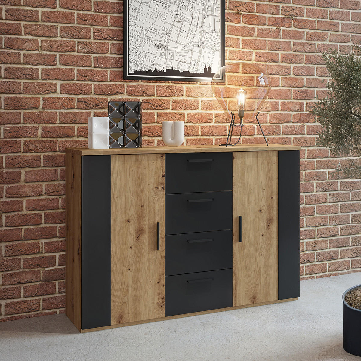 KOMMODE Alec Holz und Schwarz - Schwarz, Holzwerkstoff (132/94.1/40cm) - Petits-meubles