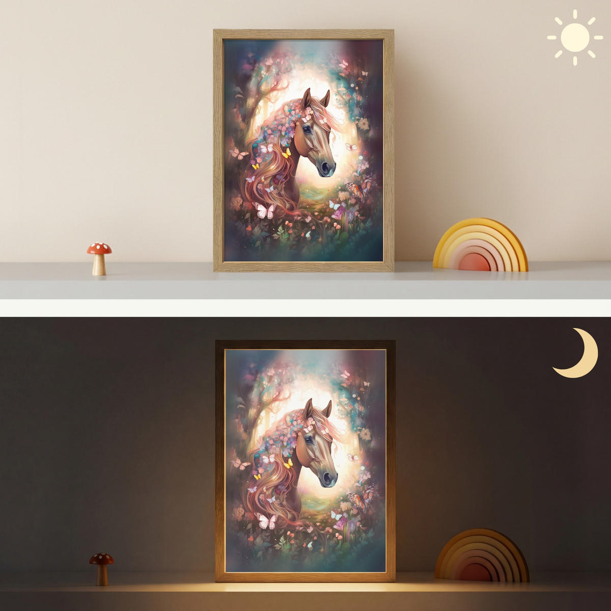 NÁSTĚNNÁ LAMPA S AKUMULÁTOREM Kůň - Příroda - Květiny - Motýli - Les 30x40 cm - tmavě hnědá, kompozitní dřevo (30/40/8cm) - OnlyWow
