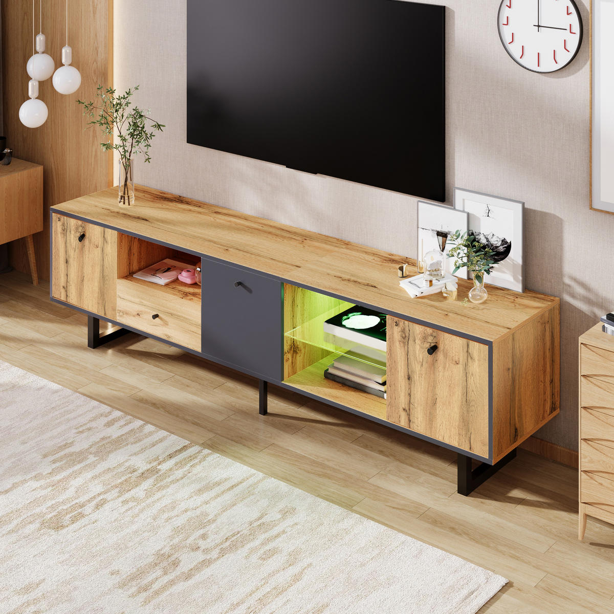 TV-RACK 190x40x50cm mit LED-Beleuchtung und Glastrennwand Holz-Anthrazit - Naturfarben, Holz (50/18/94cm) - Raelunyi