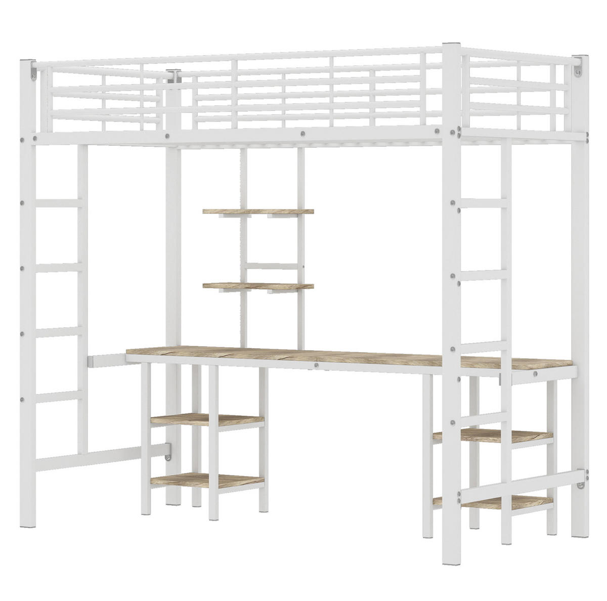 ETAGENBETT 90/200 cm weiß aus Metall und MDF mit Schreibtisch und Regalen - Weiß, Holzwerkstoff (90/200cm) - OKWISH