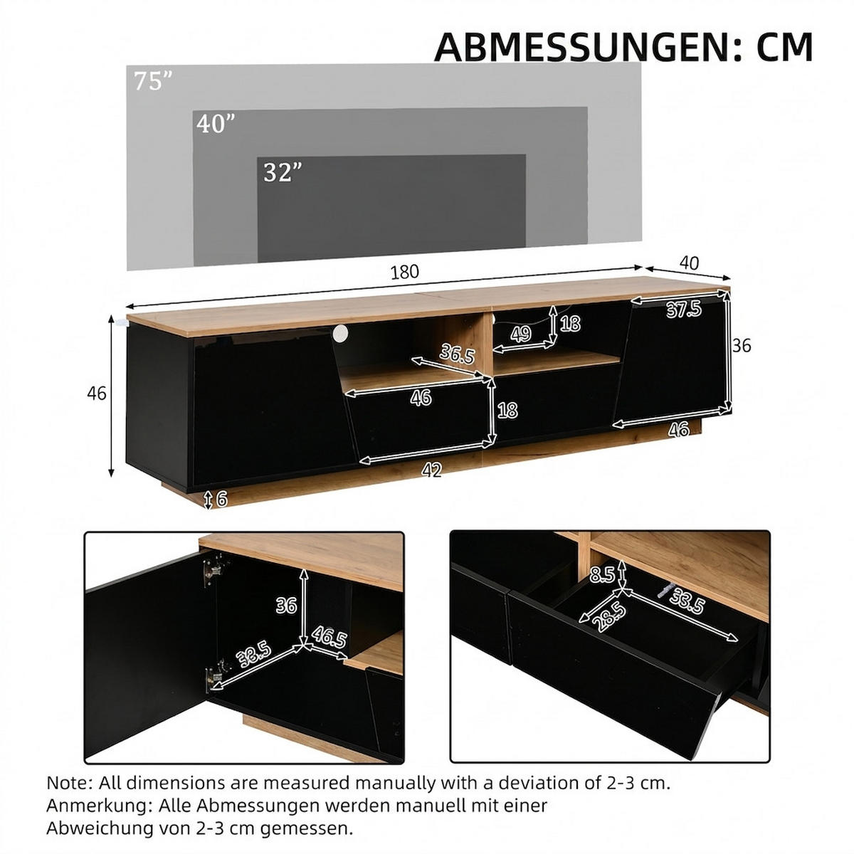 TV-SCHRANK 180/40/46 cm Schwarz mit LED, 2 Schubladen und 2 Türen - Schwarz, Holzwerkstoff (180/46/40cm) - Oxeza
