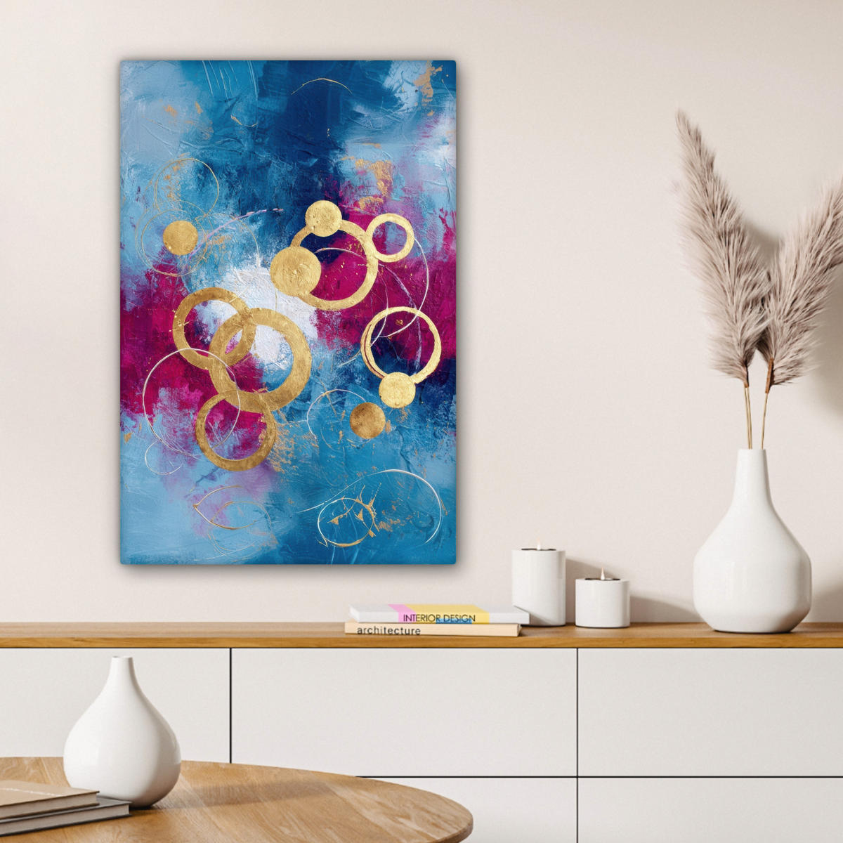 LEINWANDBILD Kreise - Gold - Abstrakt Wanddeko Schlafzimmer 60x90 cm - Blau, Textil (60/90cm) - MuchoWow