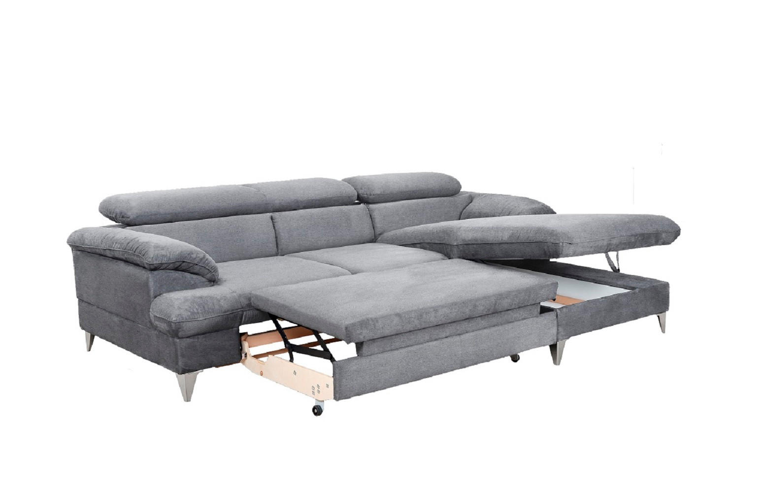 ECKSOFA mit Schlaffunktion und Bettkasten, verstellbare Kopfstützen - Chromfarben/Hellgrau, Textil/Metall (167/254cm) - Cotta