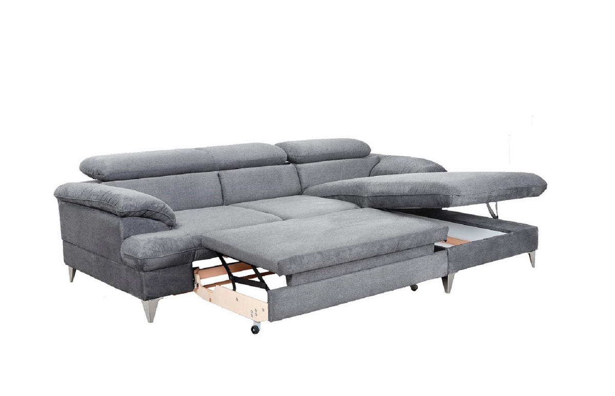 ECKSOFA mit Schlaffunktion und Bettkasten, verstellbare Kopfstützen - Chromfarben/Hellgrau, Textil/Metall (167/254cm) - Cotta