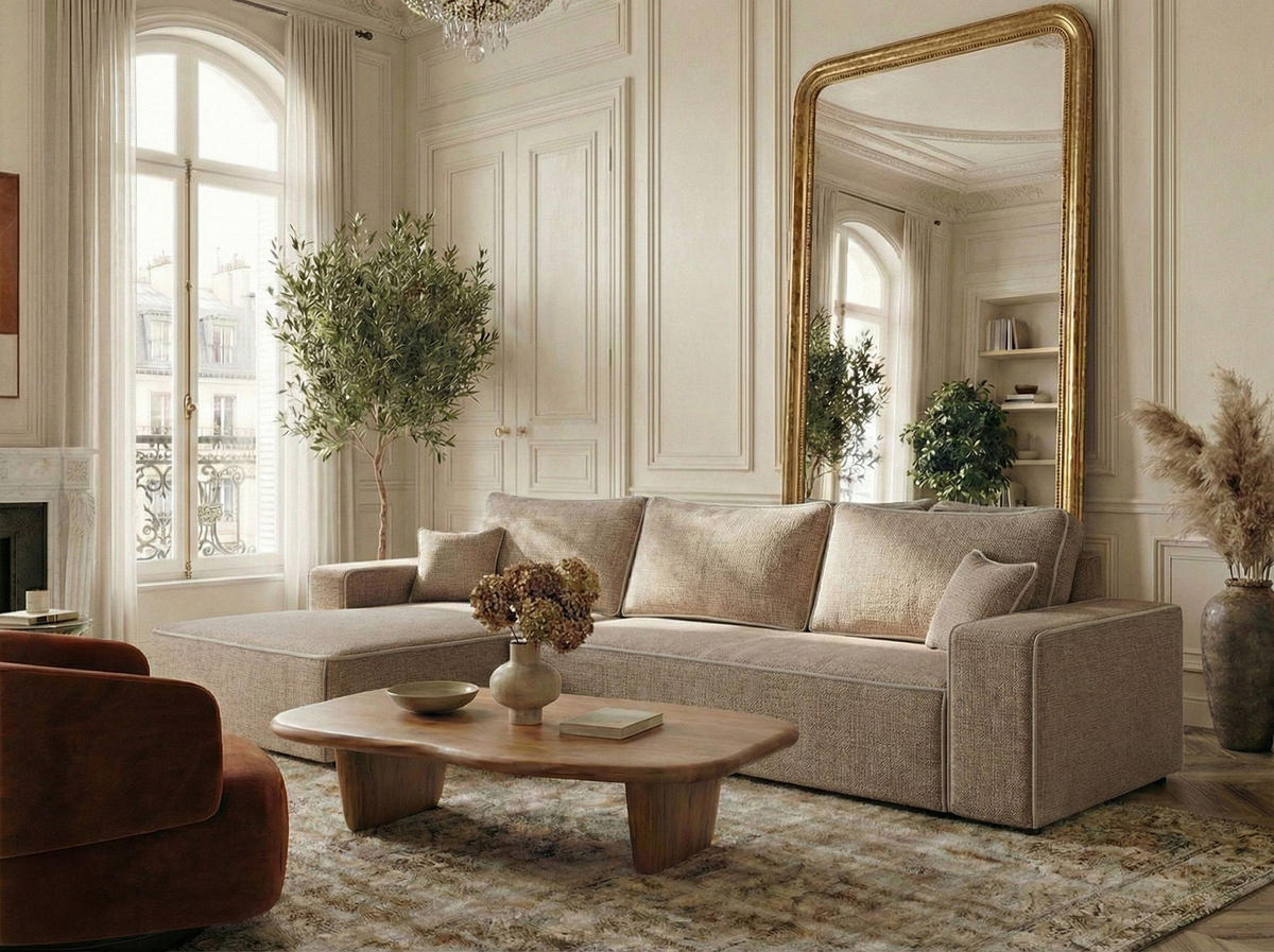 ECKSOFA MIT SCHLAFFUNKTION Modo Creme Chenille-Stoff - Links Seite - Beige/Schwarz, Holz/Holzwerkstoff (185/294cm) - Maison de Reve