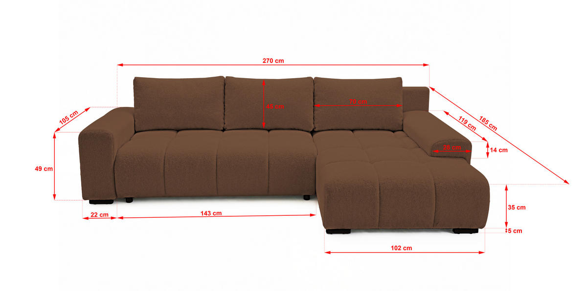 ECKSOFA Ovia mit Bettkasten und Schlaffunktion, Bouclé-Stoff in L-Form - Braun, Textil (270/185cm)