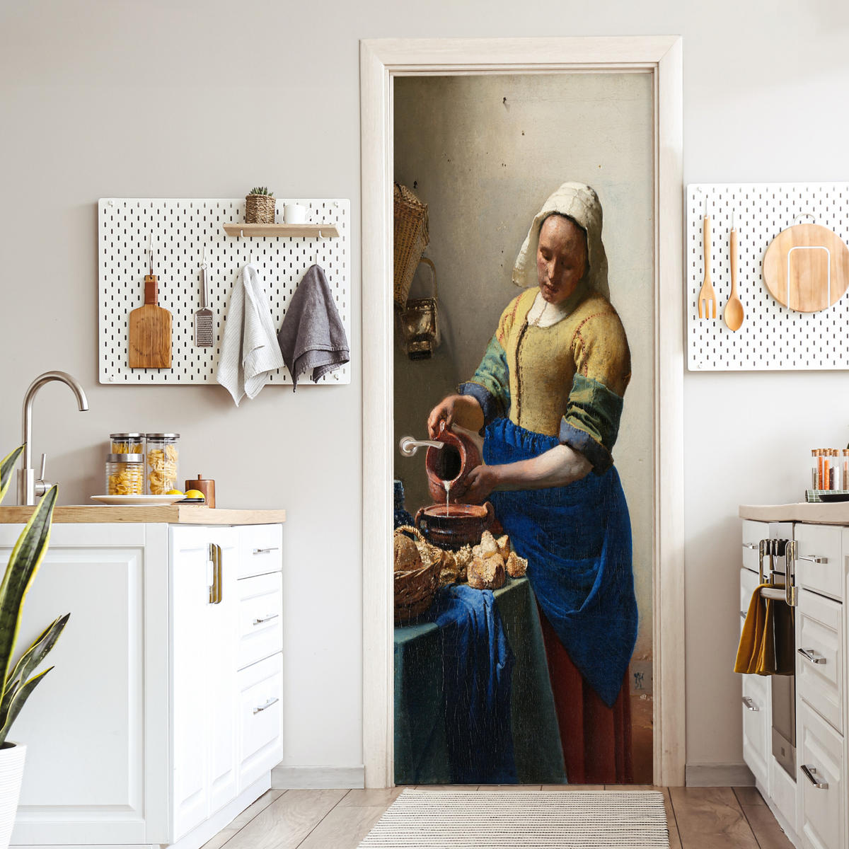 TÜRAUFKLEBER Das Milchmädchen - Johannes Vermeer Deko Wohnzimmer 95x235 cm - Türtapete - Dunkelblau, Kunststoff (95/0.1cm) - MuchoWow