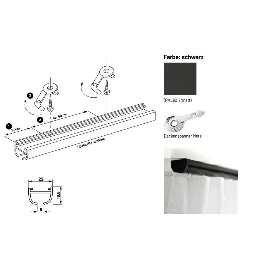 GARDINENSCHIENE 1-lauf Round - Schwarz, Metall (350cm) - Deco-Raum