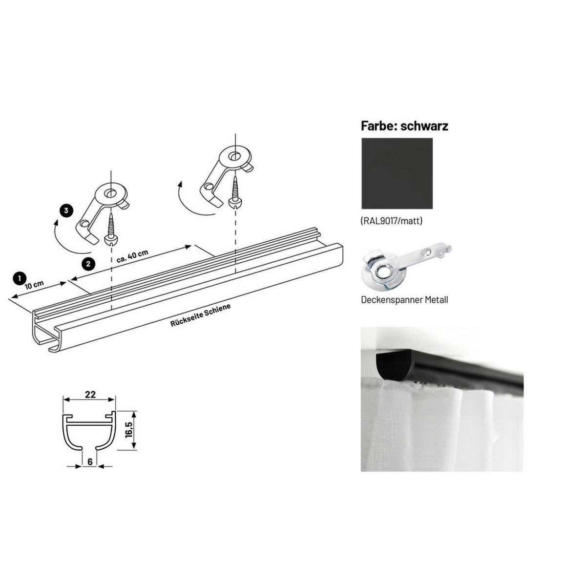 GARDINENSCHIENE 1-lauf Round - Schwarz, Metall (350cm) - Deco-Raum