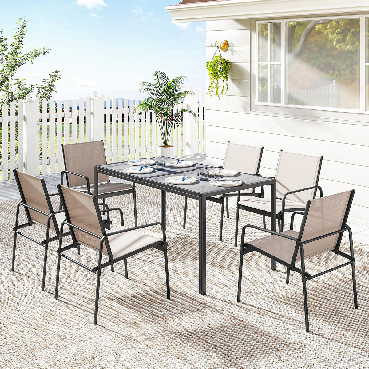 GARTENMÖBEL-SET,HOLZOPTIK Tisch+6 atmungsaktive Stühle,khaki - Beige, Metall - Vallsero