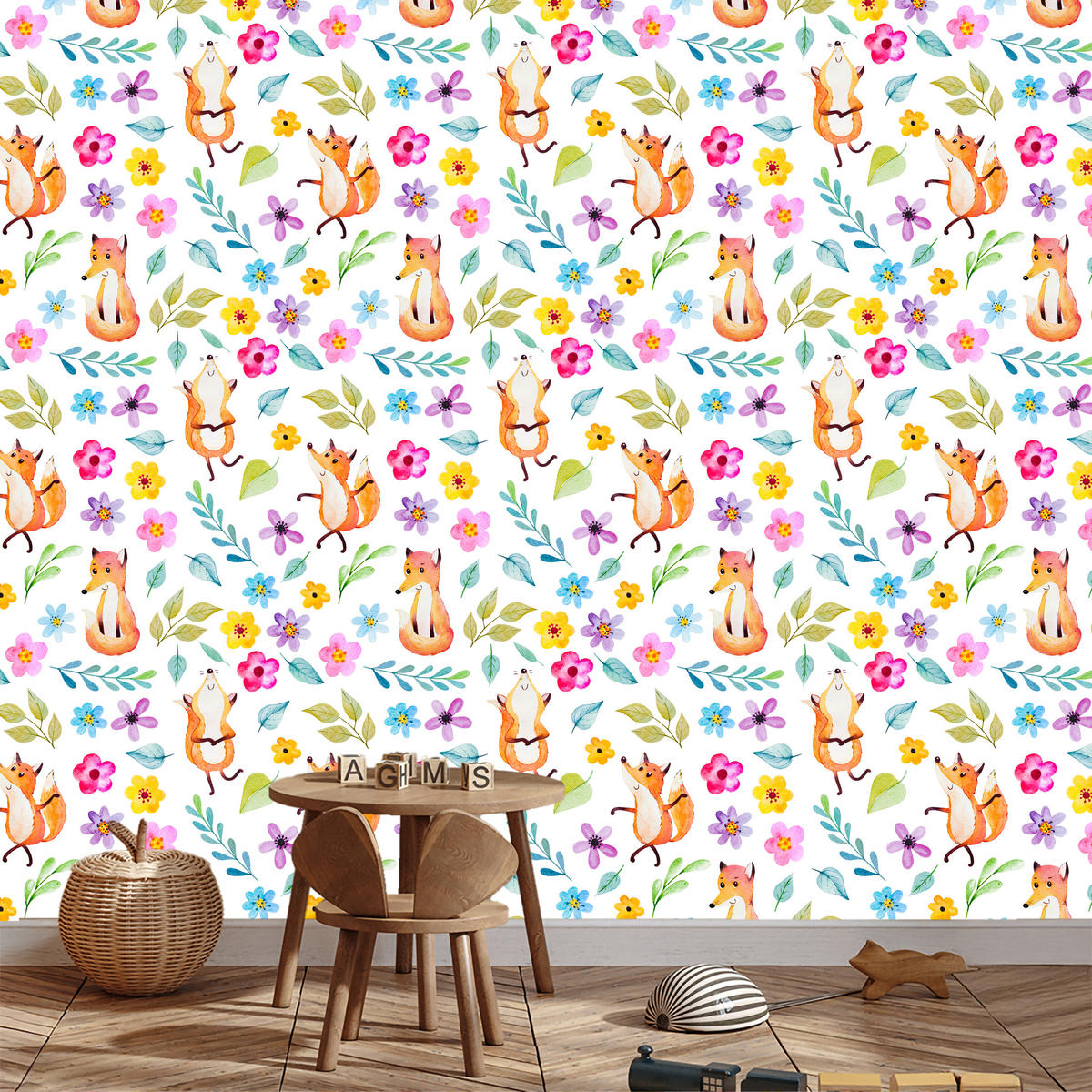 VLIESTAPETE Füchse und Wiesenblumen – Orange, Bunt, Weiß – 50x1000 cm - Multicolor/Orange, Papier (50/1000cm) - Muralo