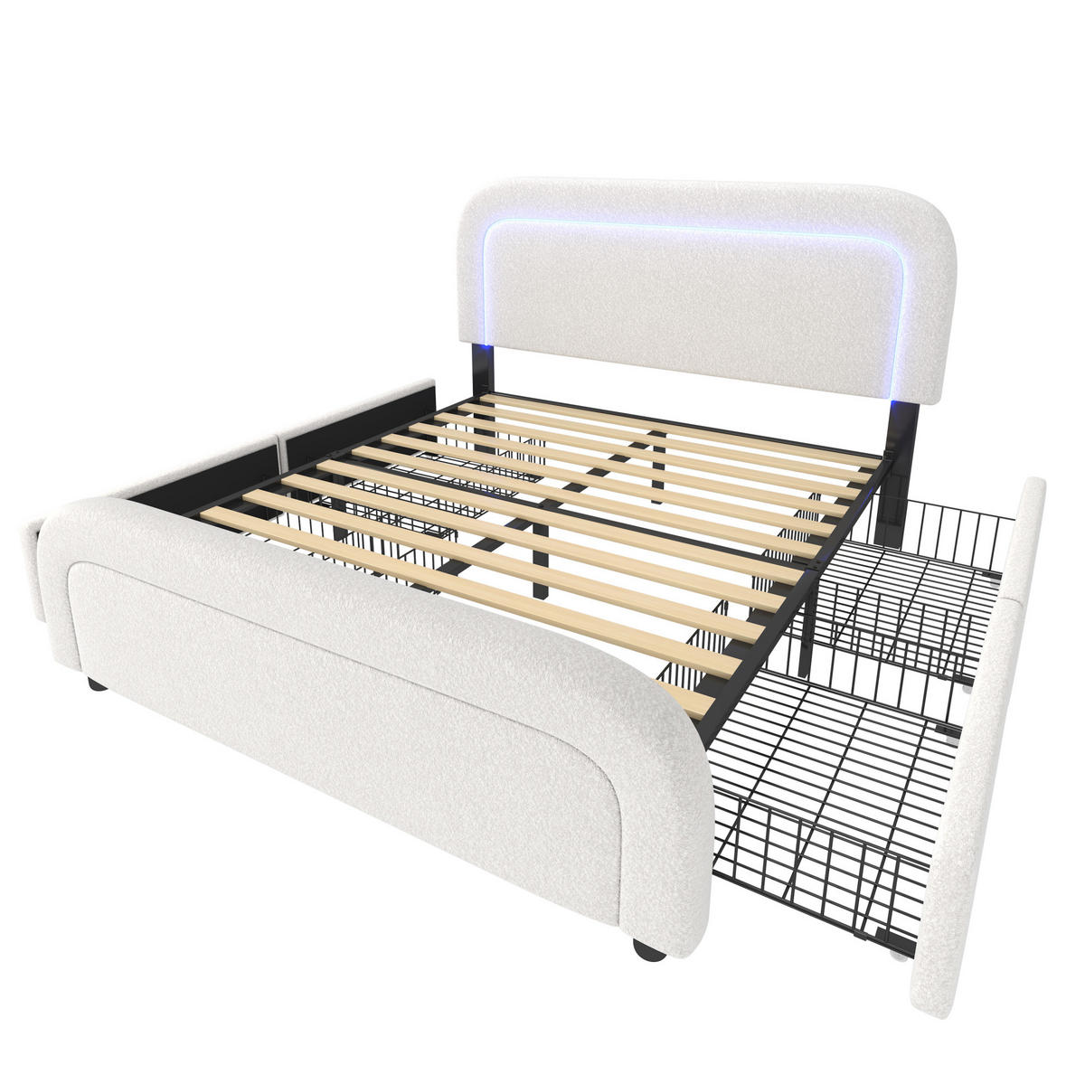 POLSTERBETT 160/200 cm weiß aus Sherpa mit LED, USB-C und 4 Schubladen - Weiß, Textil (160/200cm) - OKWISH