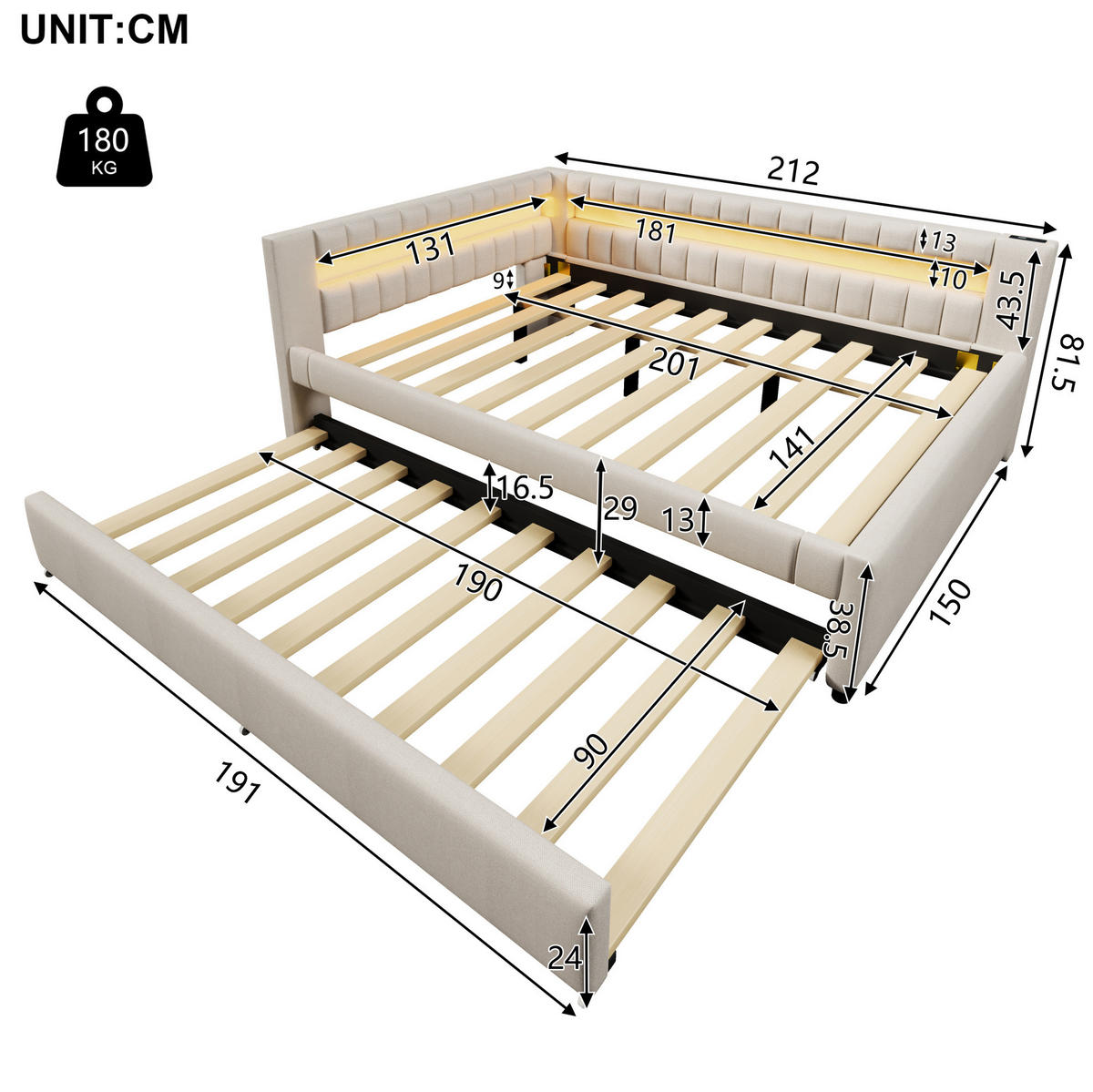POLSTERBETT mit LED-Beleuchtung 140/200 cm mit Ausziehbett in Beige - Beige, Textil (140/200cm) - BEAOK