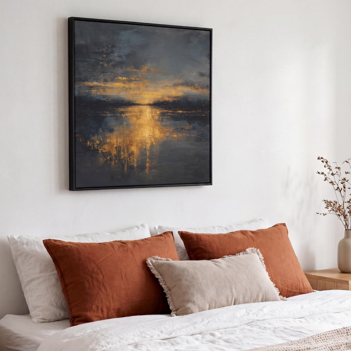 LEINWAND Bilder mit Rahmen - Goldene Reflexion auf dem Wasser - 50x50 - Anthrazit, Textil (50/50cm) - MuchoWow
