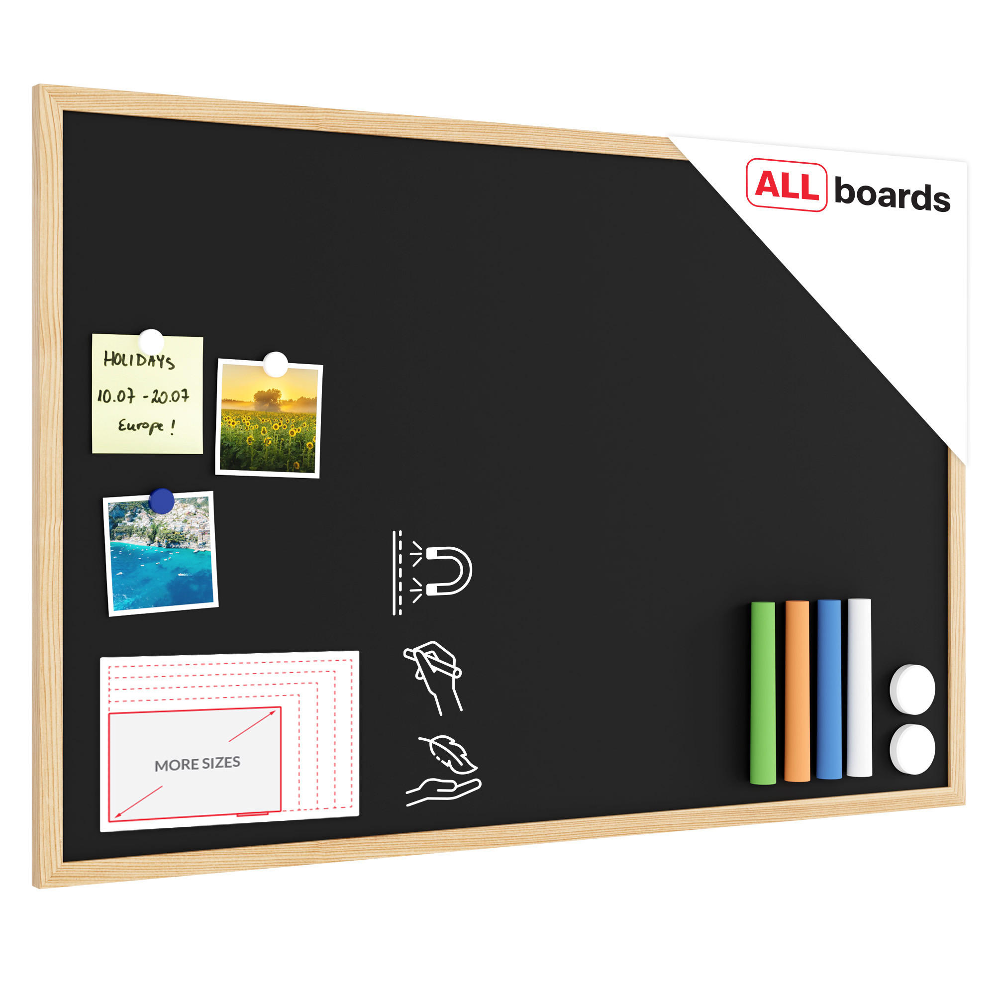 KREIDETAFEL 90x60cm Schwarze magnetische mit Naturholzrahmen - Schwarz, Metall (90/60/1.5cm) - ALLboards