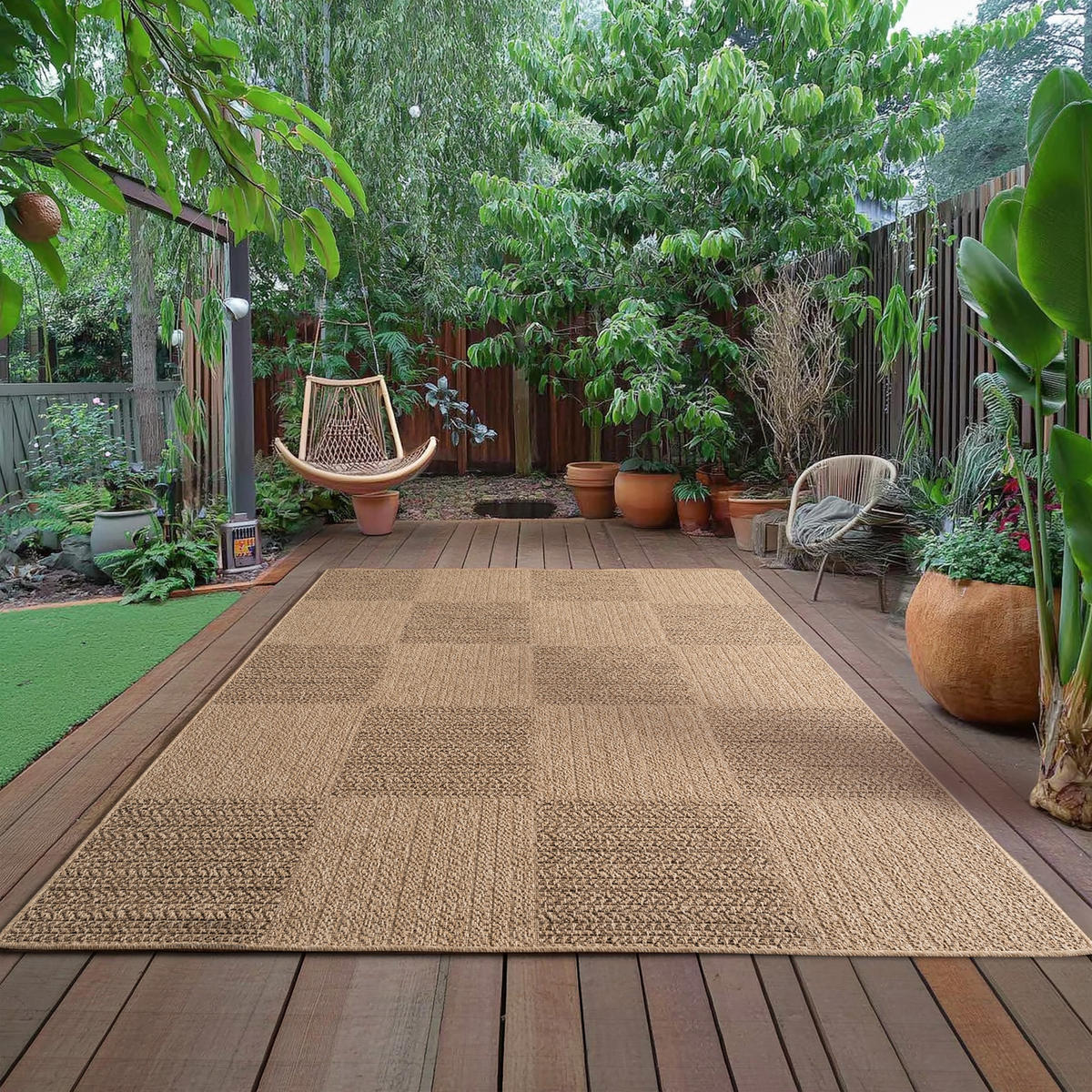 TEPPICH In-/Outdoor Jute-Optik Flachgewebe Kariert Polypropylen Beige Rechteckig 200x290 - Beige, Textil (200/290cm) - KADIMA DESIGN