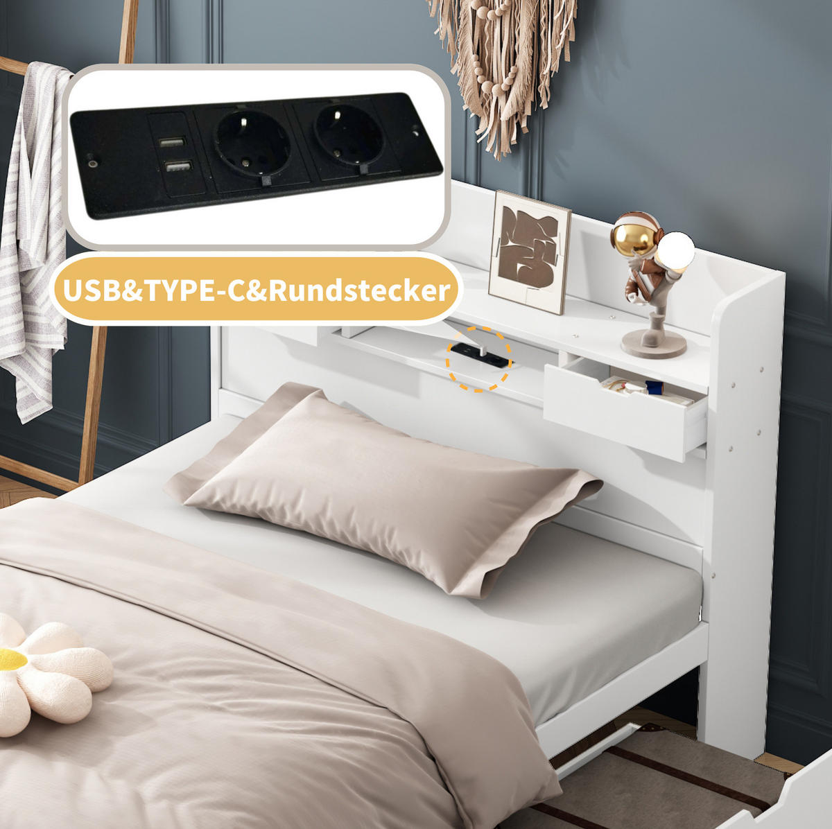 DETSKÁ posteľ 90/190 cm biela s USB, zásuvkami a úložným priestorom z MDF - biela, kompozitné drevo (90/190cm) - OKWISH