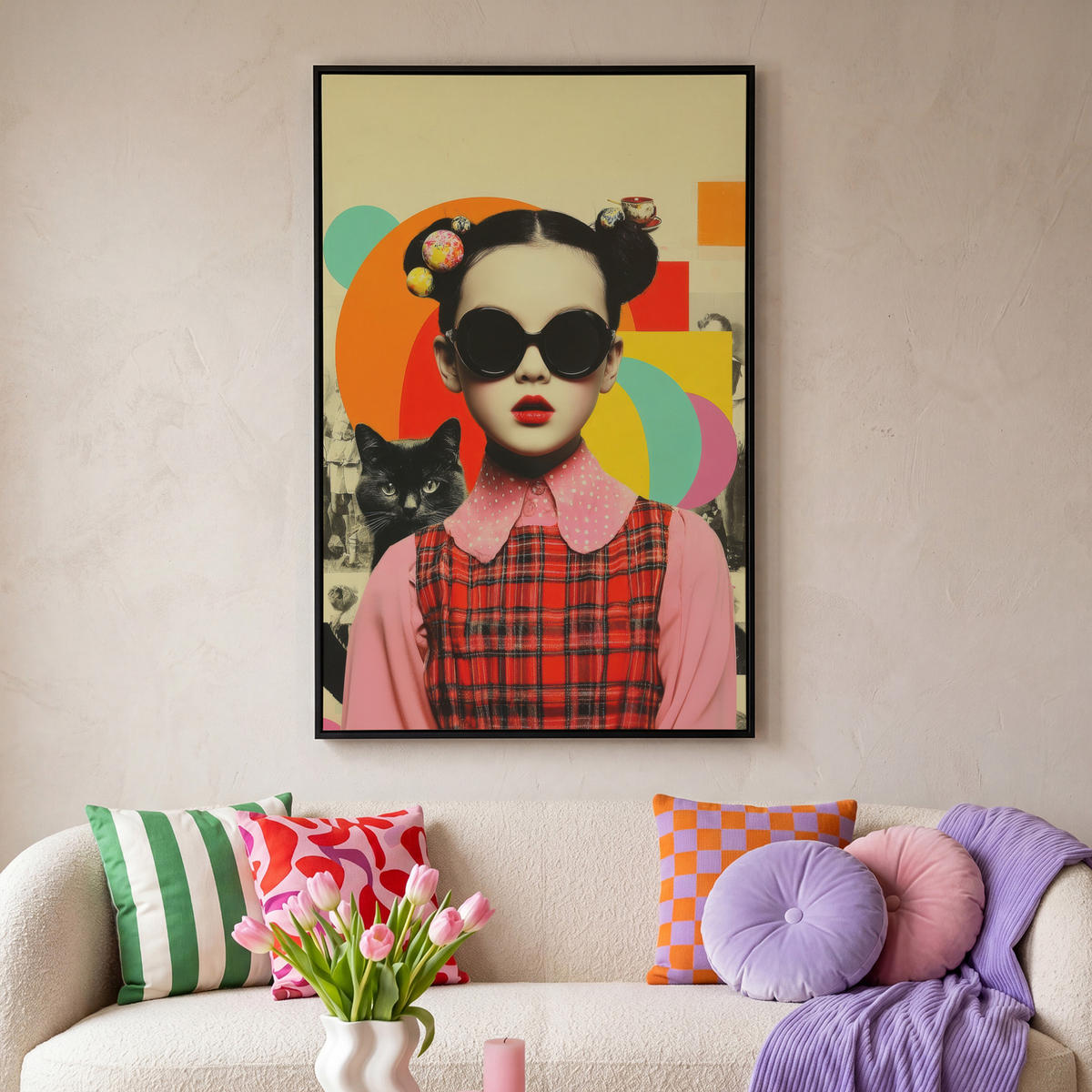 LEINWAND Bilder mit Rahmen - Mädchen - Sonnenbrille - Katze - Retro - 80x120 - Beige, Textil (80/120cm) - MuchoWow
