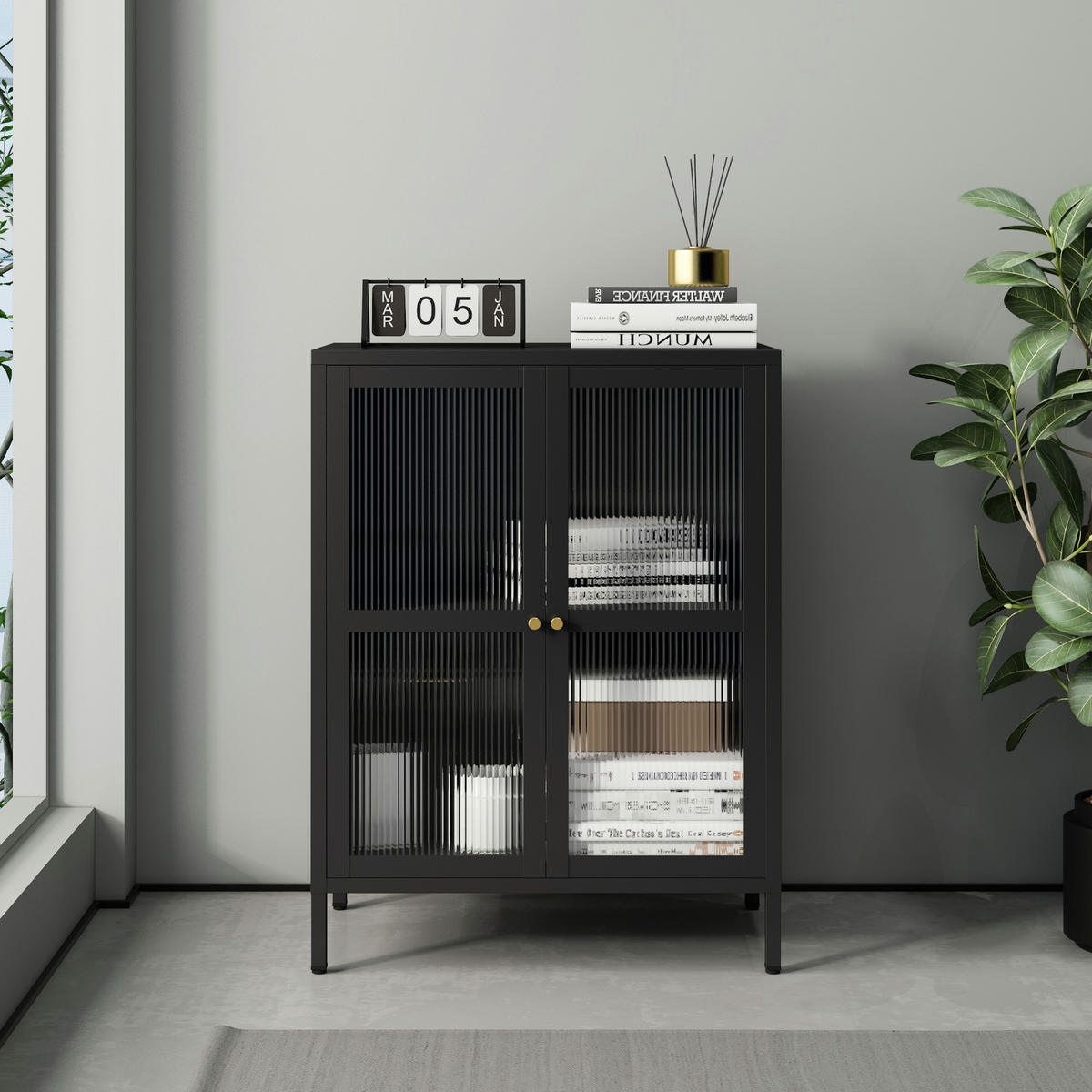 VITRINE Säkylä - Transparent/Schwarz, Glas/Metall (64/84/35cm) - [en.casa]