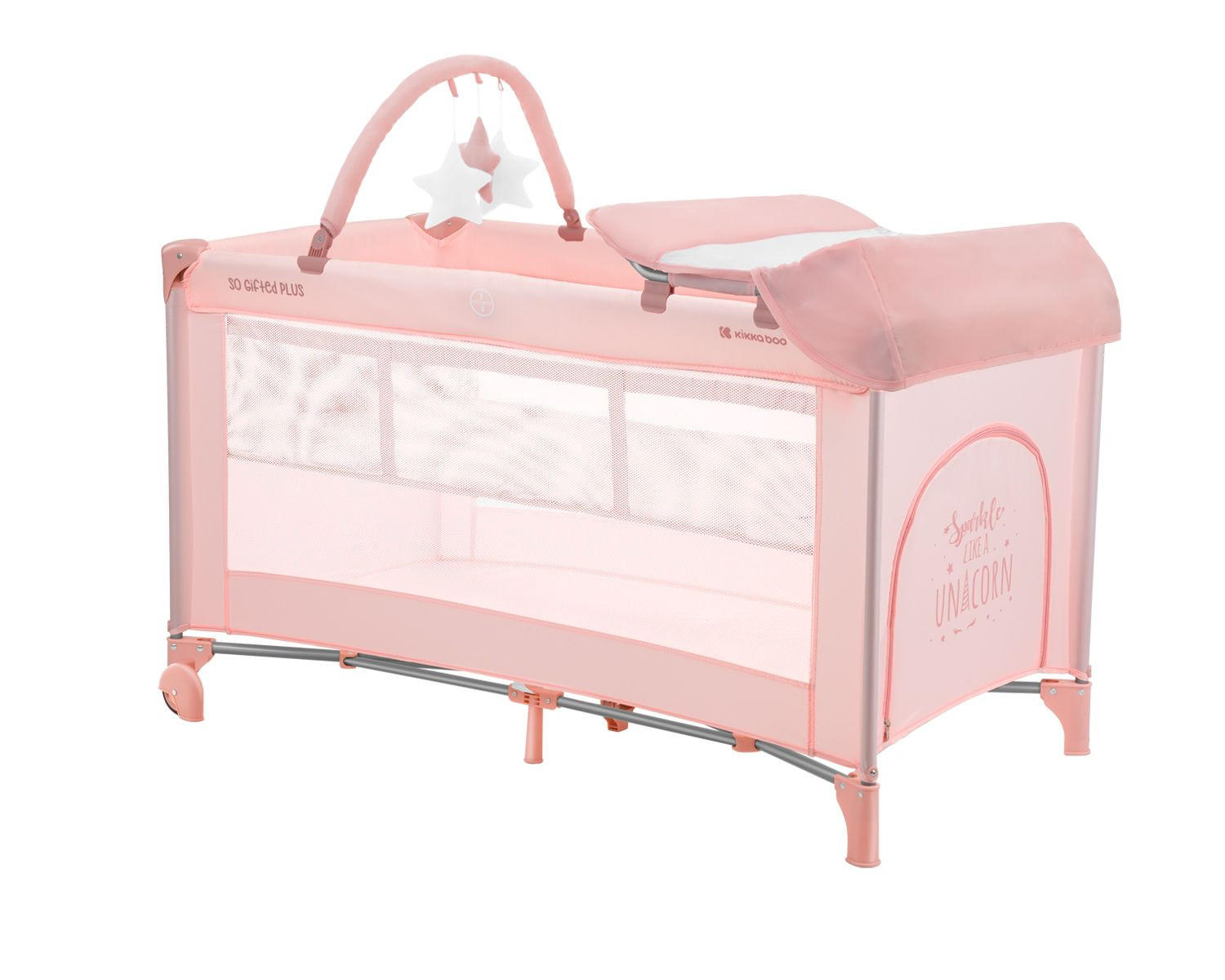REISEBETT So Gifted Plus rosa zwei Ebenen, Spielbogen, Wickelauflage, Räder - Rosa, Kunststoff (60/120cm) - Kikka boo