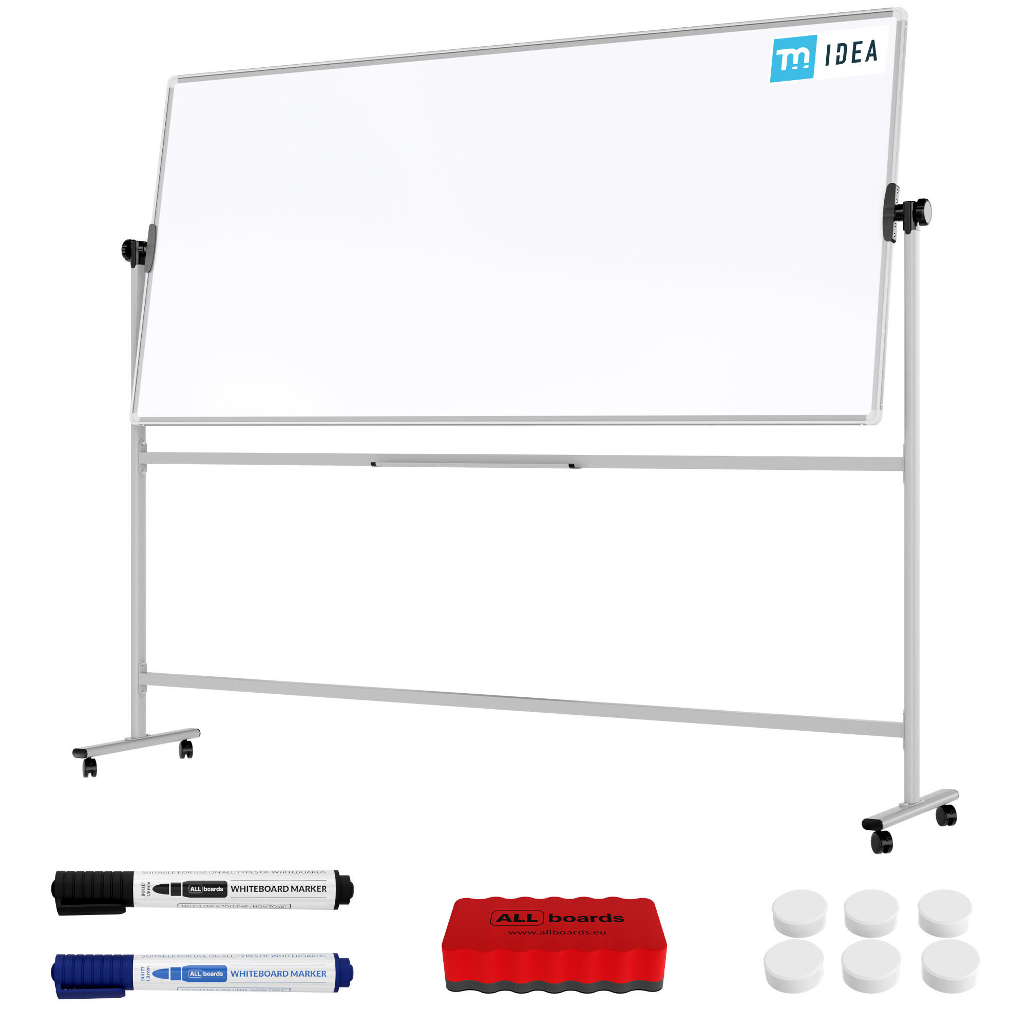 MOBILES Board, Serie: TM Idea/Flex – mit doppelseitiger Whiteboard-Oberfläche, drehbar, 220x100 cm - Weiß, Metall (220/90/62cm) - ALLboards