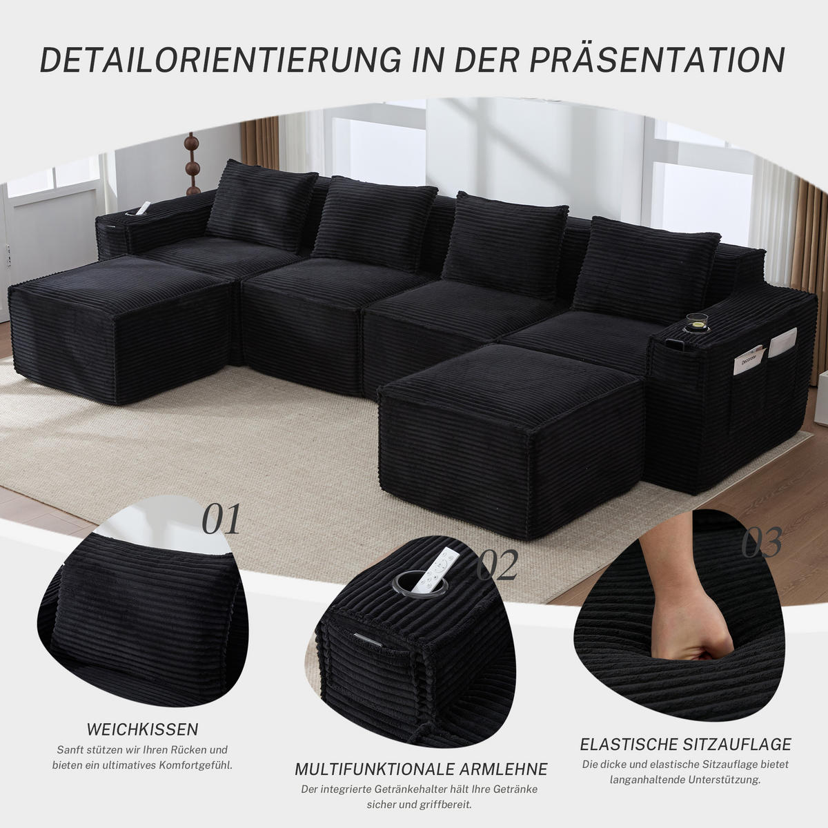 WOHNLANDSCHAFT 330/162/75 cm Schwarz mit 2 Fußhocker, Getränkehalter und Seitentaschen - Schwarz, Textil (330/75/162cm) - Oxeza