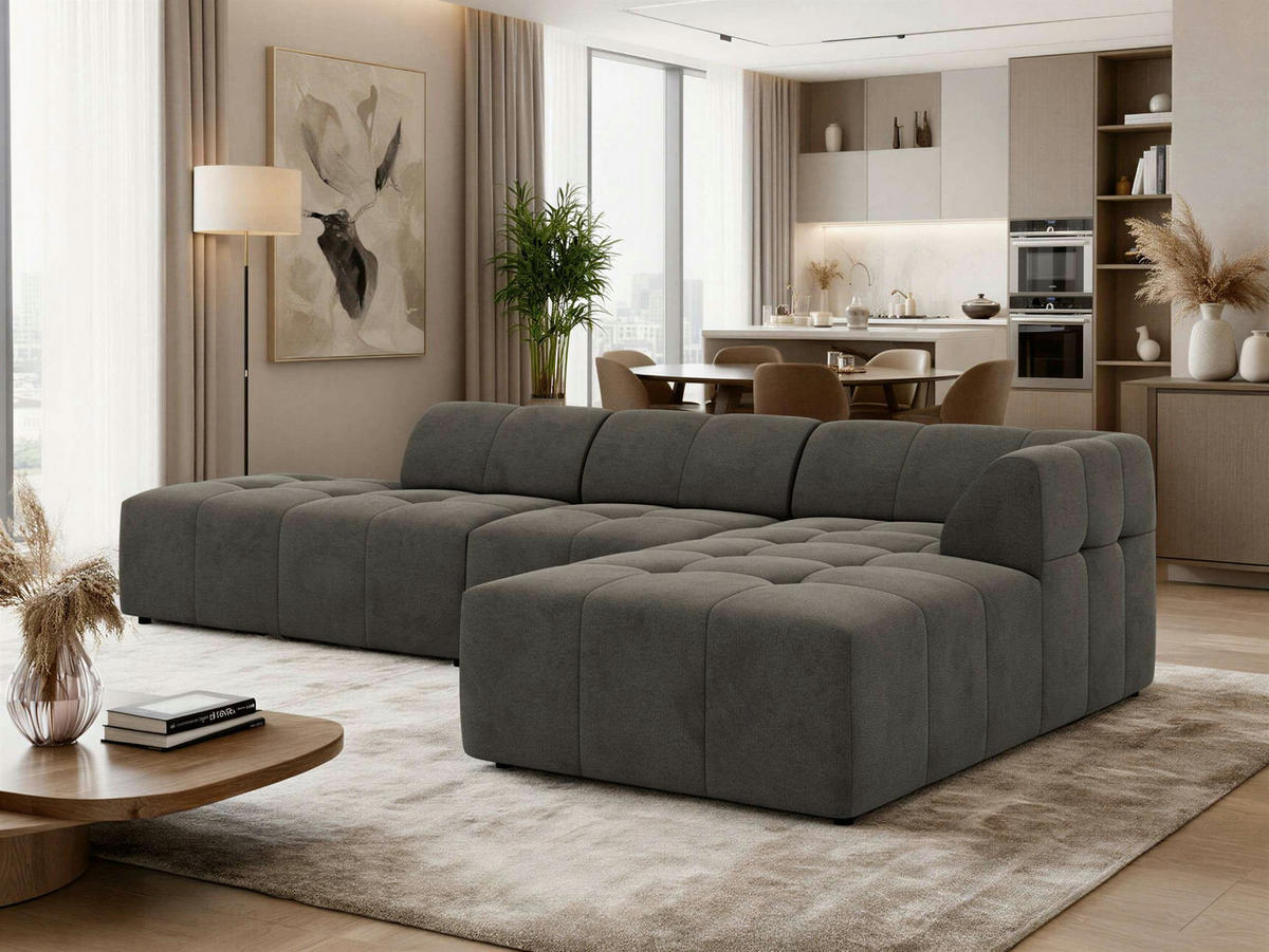 ECKSOFA GRIDA 3M L Dunkelgrau Velvet - Rechts - Dunkelgrau/Schwarz, Kunststoff/Textil (176/335cm) - MKS