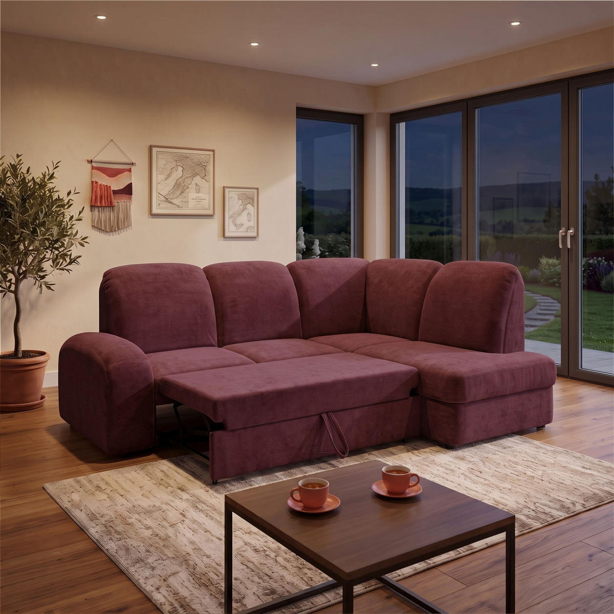 ECKSOFA VIBE L Rechts mit Schlaffunktion 129x205 Chenille Bordeaux - Bordeaux/Schwarz, Holz/Kunststoff (250/186cm) - Muffo