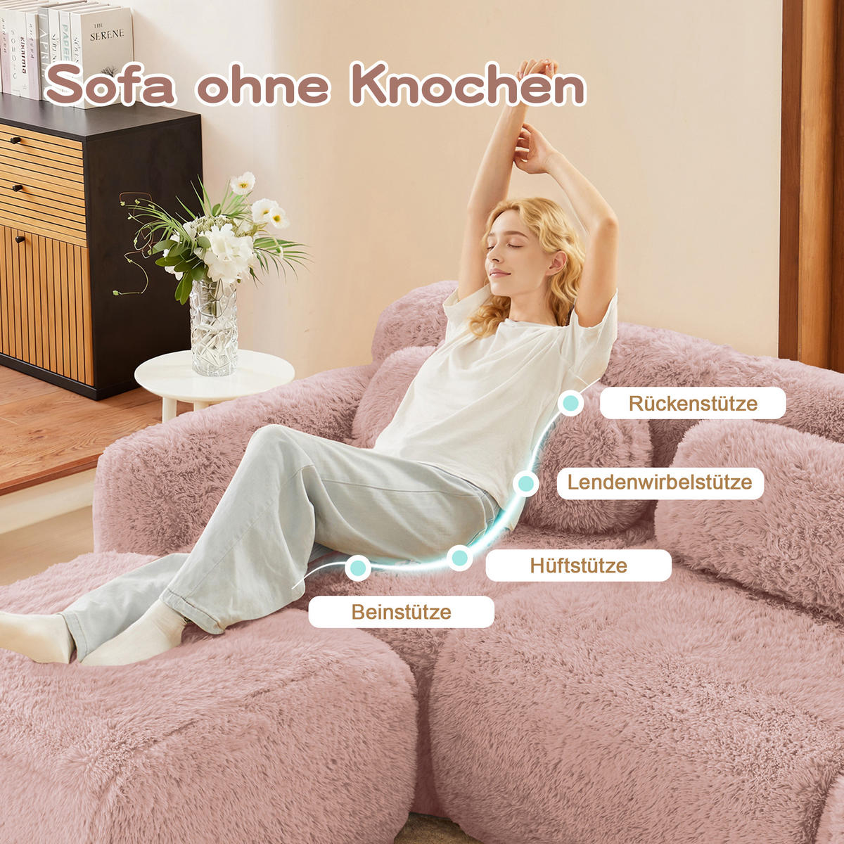 SCHLAFSOFA 2-Sitzer aus Plüschstoff mit 2 Hockern, Rosa - Rosa, Textil (204/73/179cm)