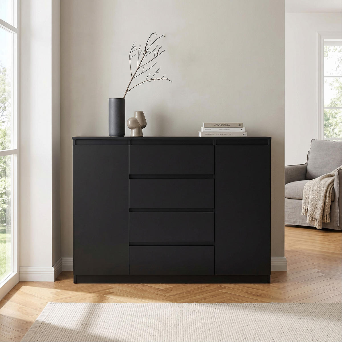 KOMMODE NUDO 138,5/101,5/39cm mit 4 Schubladen 2 Türen Schwarz - Schwarz, Holzwerkstoff (138.5/101.5/39cm) - MASSENO