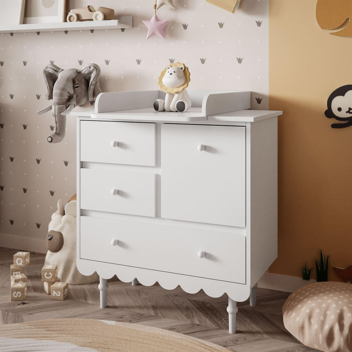 BABUSHKA Kommode mit Schubladen, mit Wickeltisch, Weiß - Weiß, Holzwerkstoff (84/91/50cm)